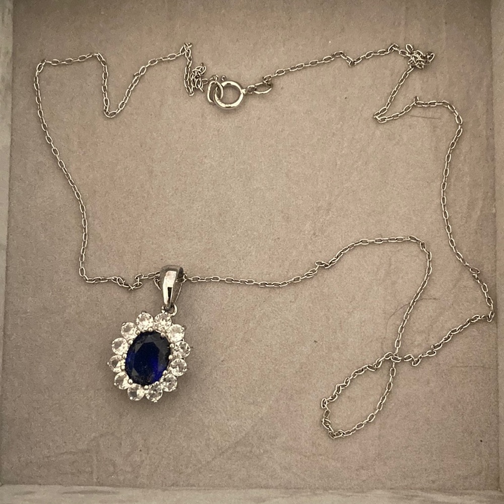 silver necklace with sapphire emblem